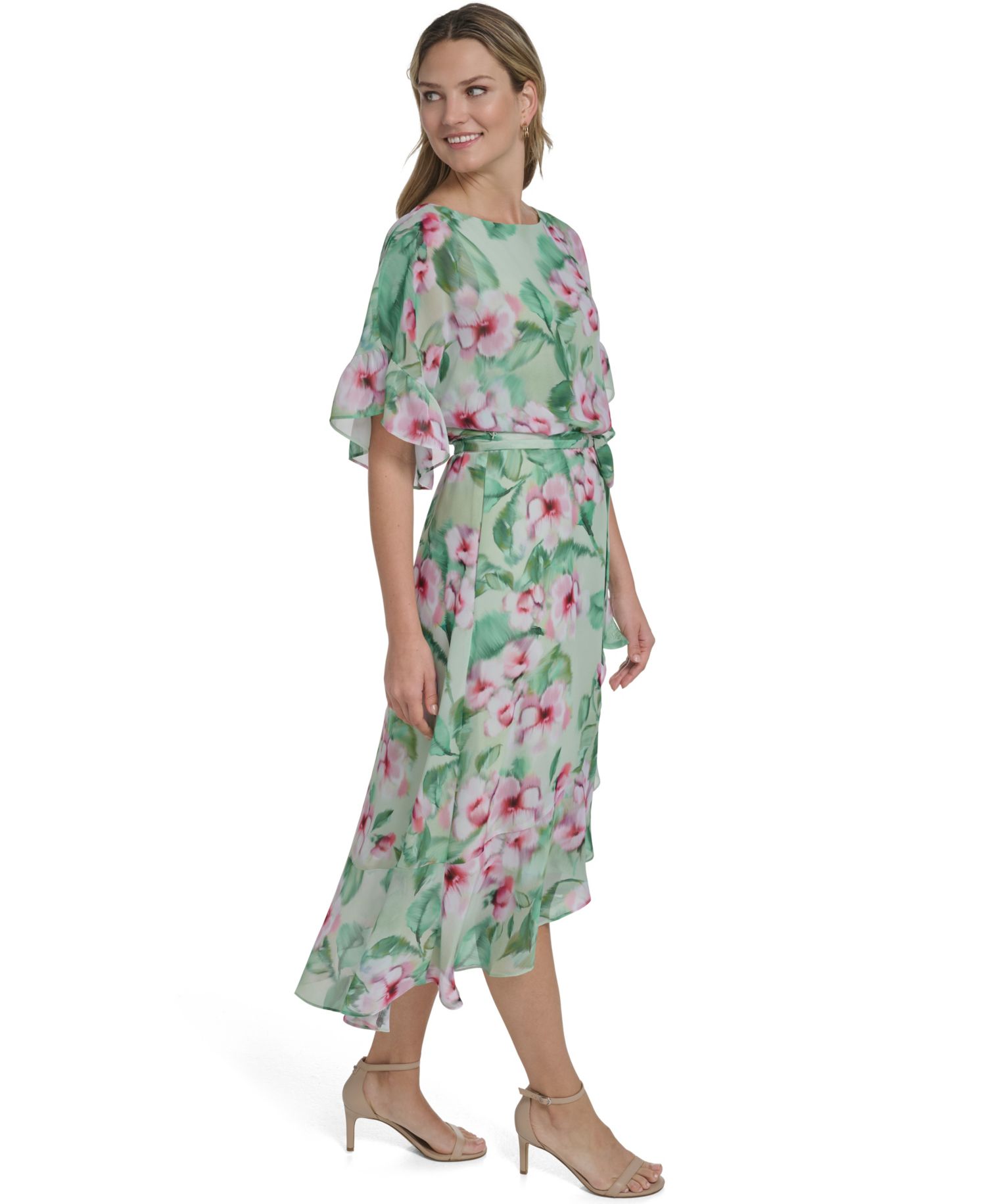 Petite Jewel Neck Ruffle-Sleeve Dress