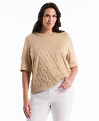 Plus Size Diamond Stitch Elbow-Sleeve Crewneck Sweater