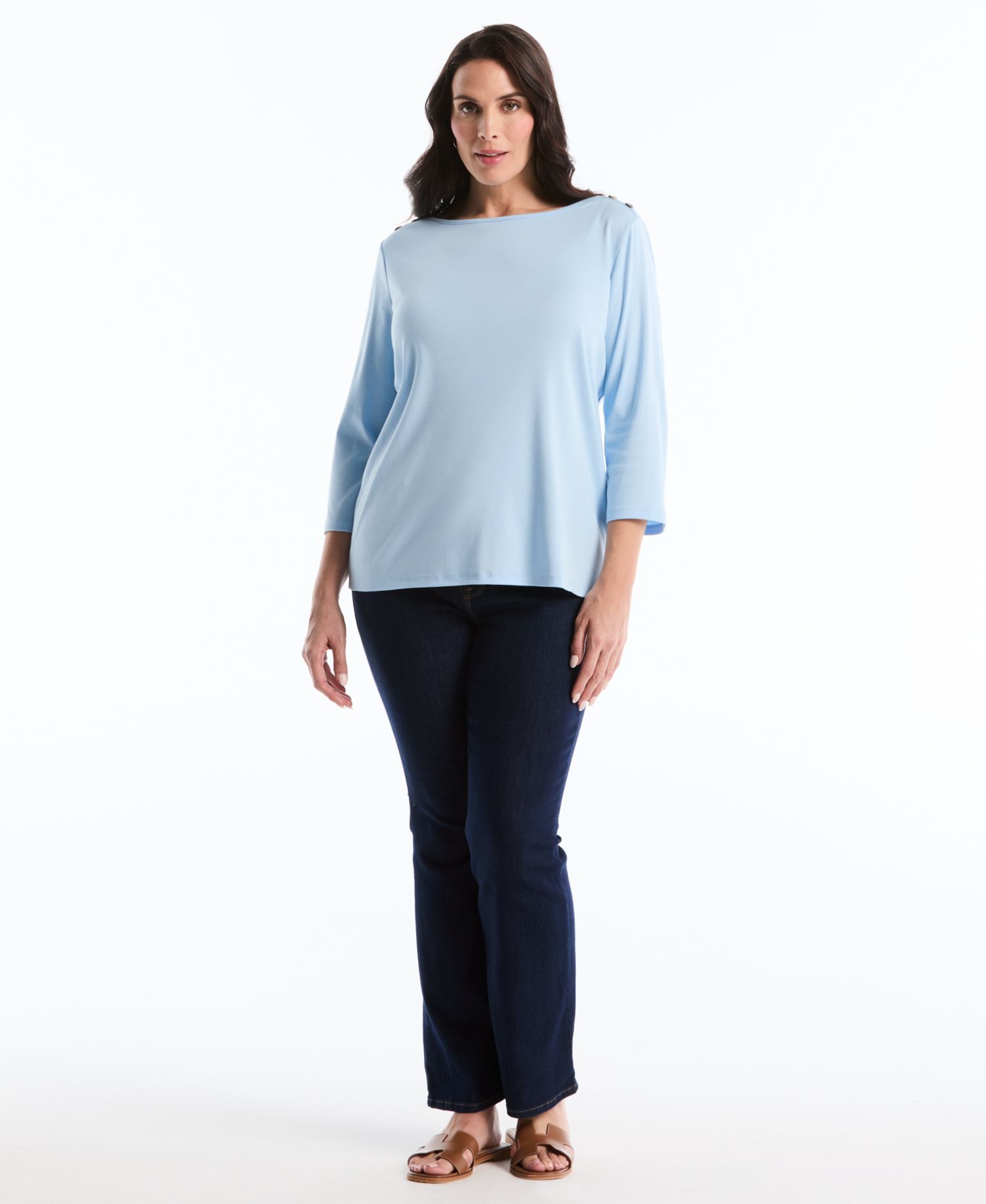 Petite Button Detail Boat Neck Top
