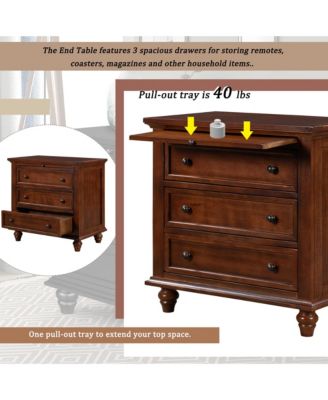 28'' Wood Nightstand, Bedside Cabinet with 3 Storage Drawers and Pull-out Tray, Bedside Accent Table for Bedroom and Office (Brown)