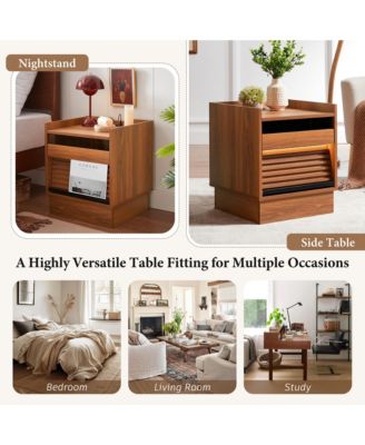 Wooden Nightstand with Charging Station and LED lights, Mid Century Modern Bedside Table with 2 Drawers for Bedroom and Living Room (Yellow)