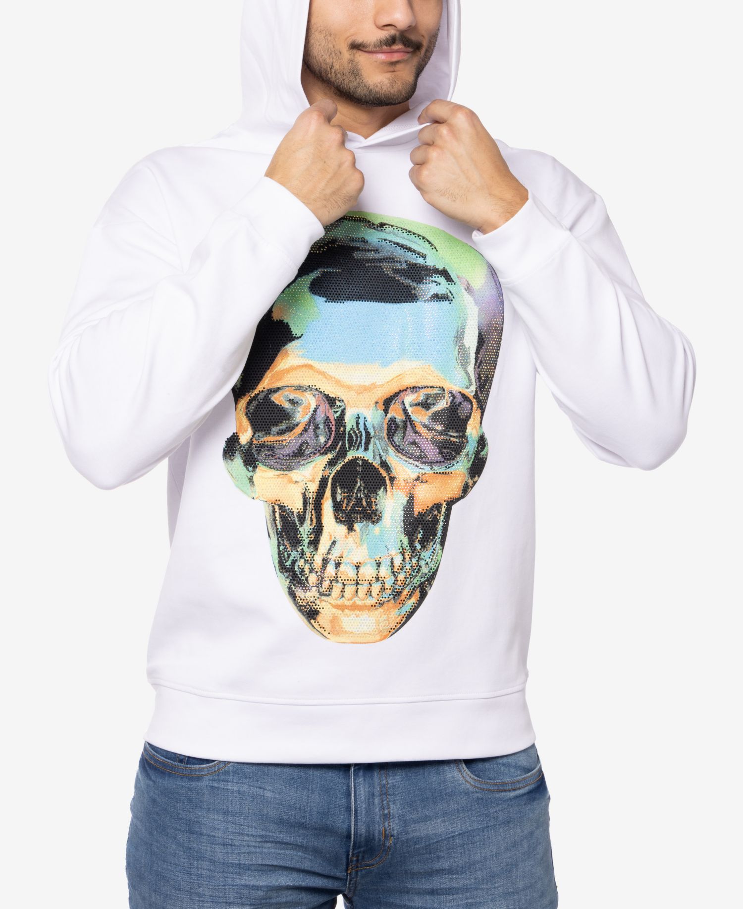 Men's Rhinestone Embellished Skull Pullover Hoodie