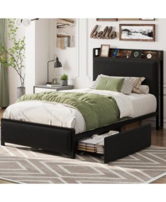 Twin-XL Size Bed Frame with Storage Headboard, Black Corduroy Upholstered Twin Platform Bedframe with Storage Drawers and Charging Station