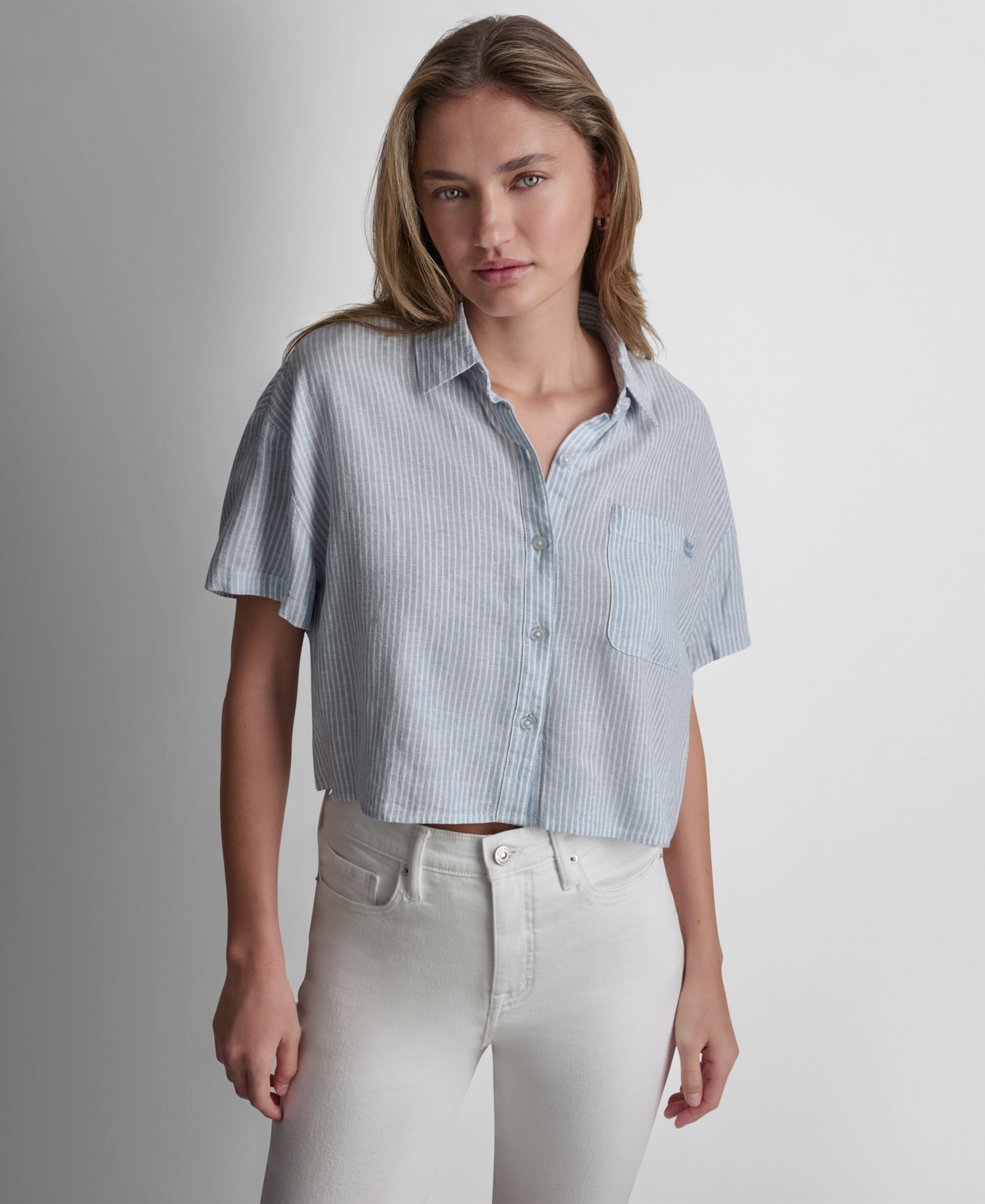 Petite Oversized Linen-Blend Cropped Short Sleeve Shirt