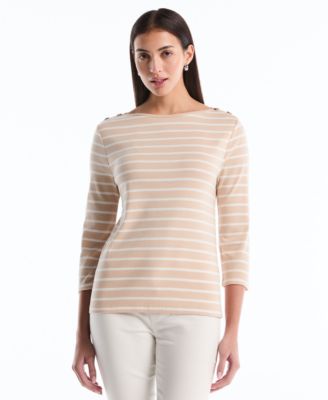 Petite Stripe Button Detail Boat Neck Top