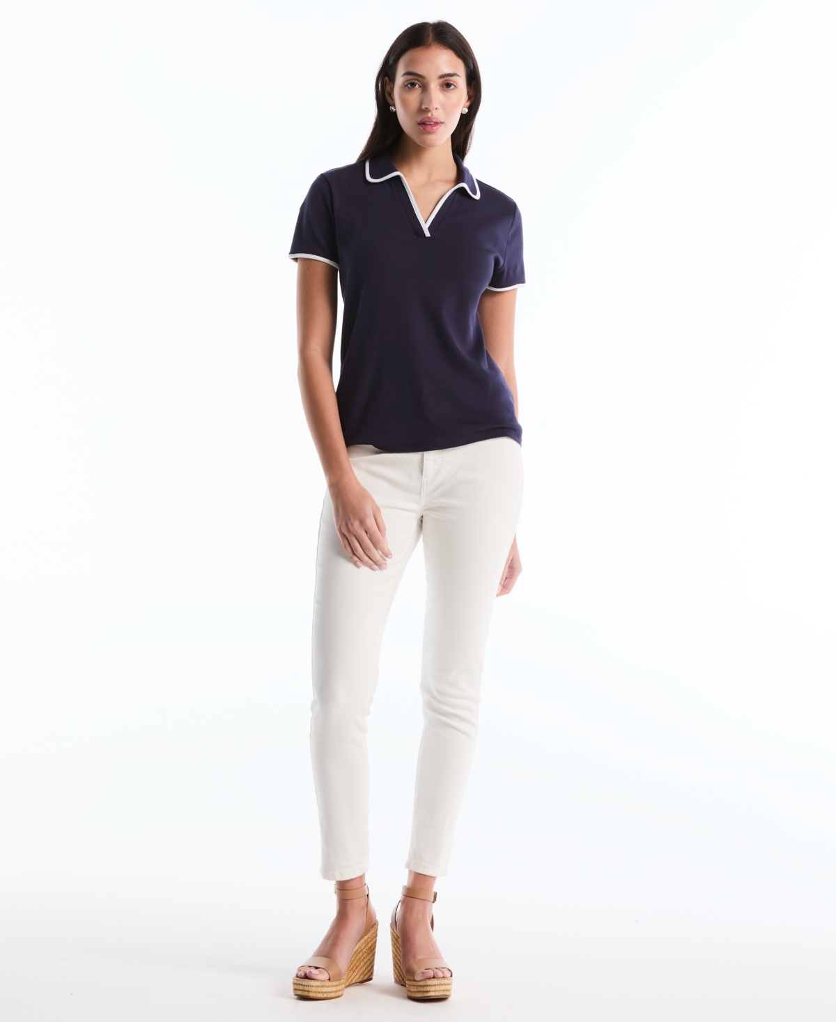 Rafaella Petite Contrast Trim Johnny Collar Polo Shirt