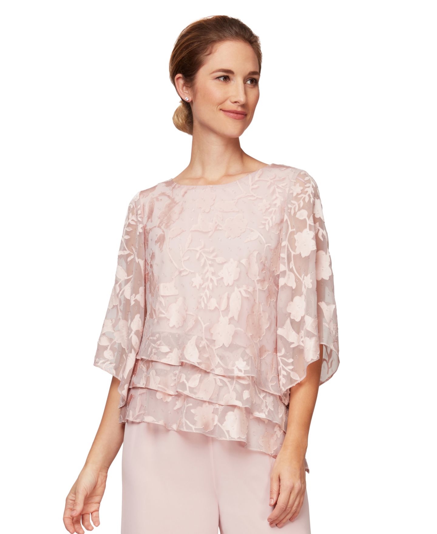 Женский топ Alex Evenings Burnout Asymmetrical Triple Tier Hem Boat Neck, цвет: Розовый — фото 1