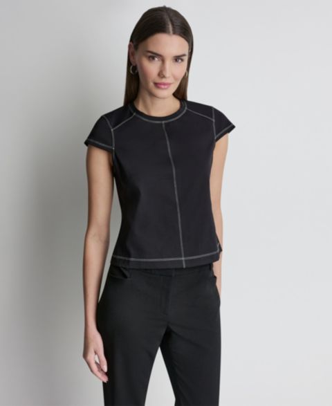 Женский топ DKNY City Ponte Knit Cap-Sleeve Crew Neck, цвет: Чёрный / Слоновая кость