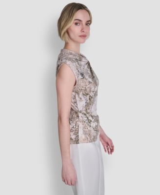 Women's Sleeveless Printed Asymmetrical Neck Knit Top