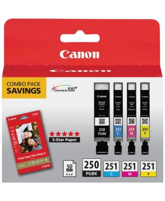 2 pack PGI 250 & CLI 251 combo with photo paper, cyan, yellow, magenta & black inks.