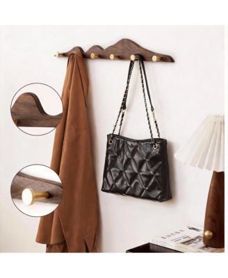 North American Walnut Decorative Wall Coat Rack with 8 Brass Hooks