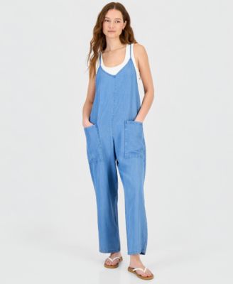 Juniors' Chambray V-Neck Sleeveless Jumpsuit