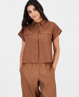 Petite Linen-Blend Short-Sleeve Button-Front Shirt