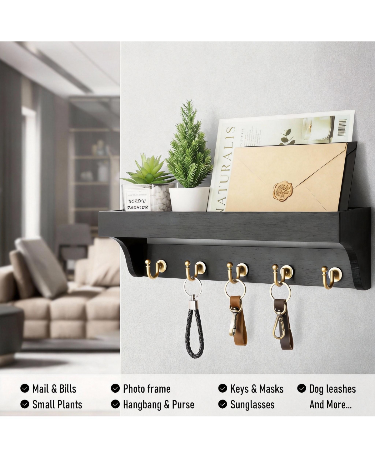 Yigii Wood Key Rack with Hooks and Shelves for Entryway Decoration