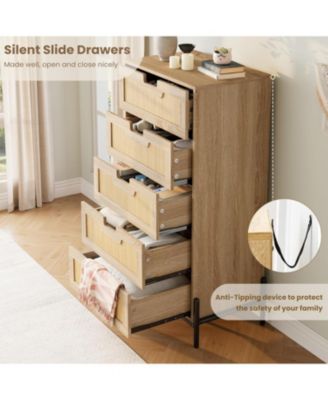 Rattan 5 Drawer Dresser for Bedroom, Modern Farmhouse Wooden Storage Cabinet with Legs, Dressers & Chests of Drawers for Bedroom, Living Room