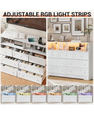 7 Drawer Wooden Dresser with LED Lights, Charging Station & 2 Open Compartments, Freestanding Bedroom Storage Organizer