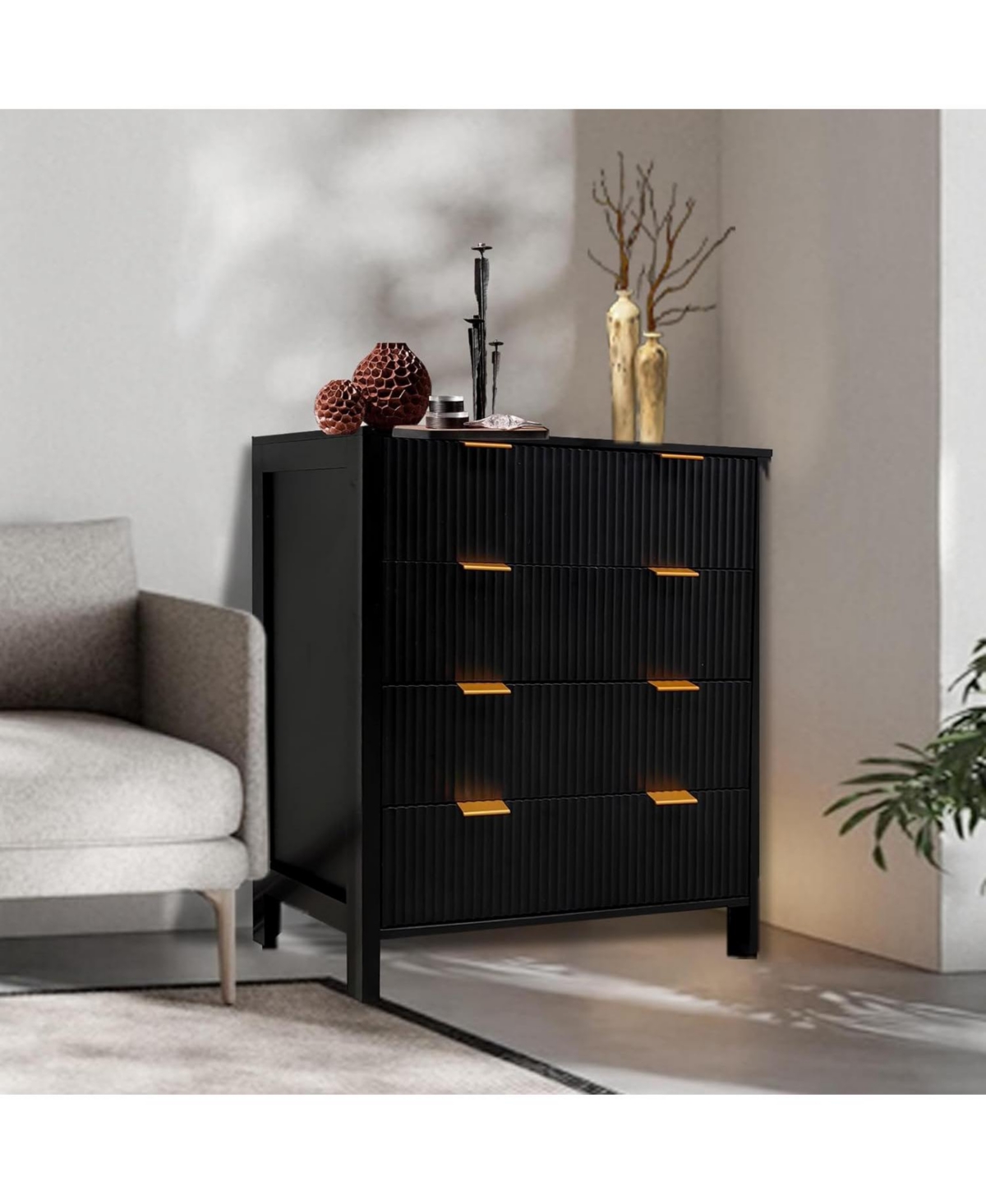 gaomon Fluted 4 Drawers Dresser, Modern Chest of Drawers, Wood Drawer Organizer with Waveform Fluted Panel