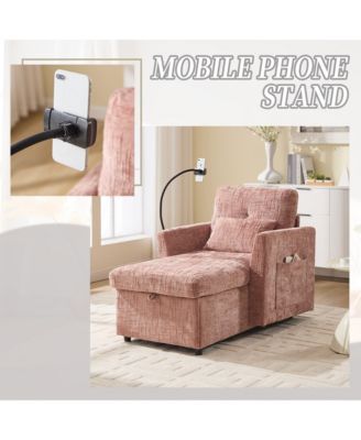 Multifunctional Chenille Sofa with Storage & Cell Phone Bracket, Single Sleeper Chair, Chaise Lounge Chair