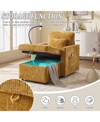 Multifunctional Chenille Sofa with Storage & Cell Phone Bracket, Single Sleeper Chair, Chaise Lounge Chair