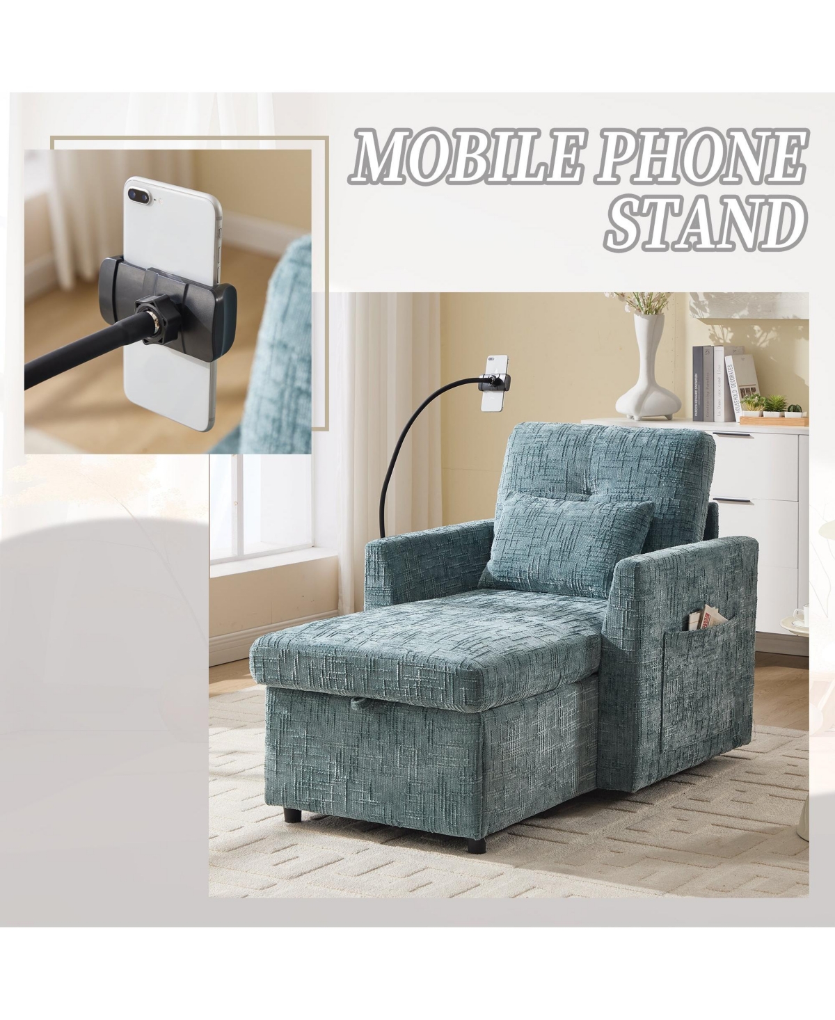Boyel Living Multifunctional Chenille Sofa with Storage & Cell Phone Bracket, Single Sleeper Chair, Chaise Lounge Chair