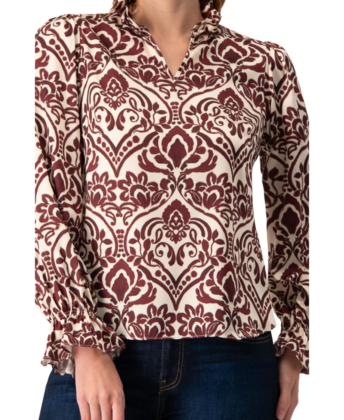 Женская блузка Ivonne Ruffled V-Neck Abstract Blouse Top, цвет: Винный — фото 4