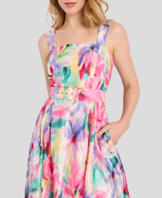 Women's Crinkle Belted Square Neck Midi Dress