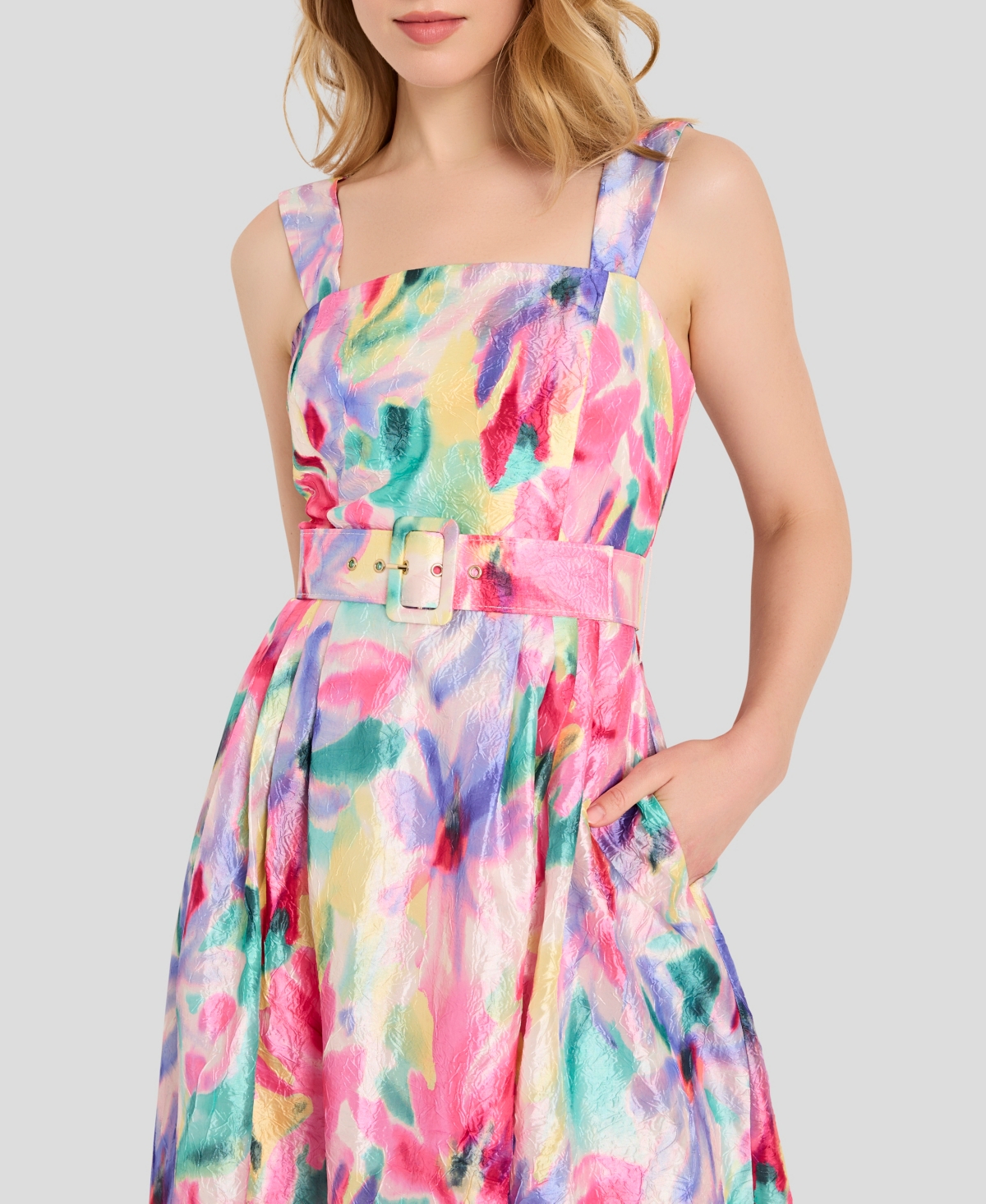 Tahari Asl Women's Crinkle Belted Square Neck Midi Dress