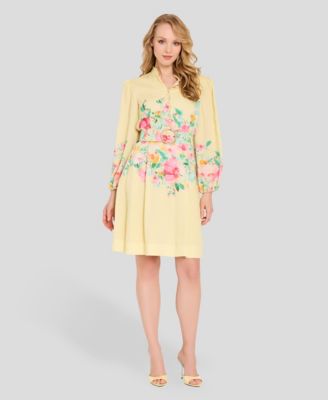 Petite Button-Front Placement Mock neck Print Dress