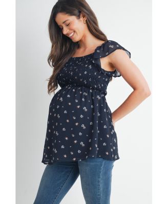 Maternity Smocked Square Neck Floral Empire Waist Top