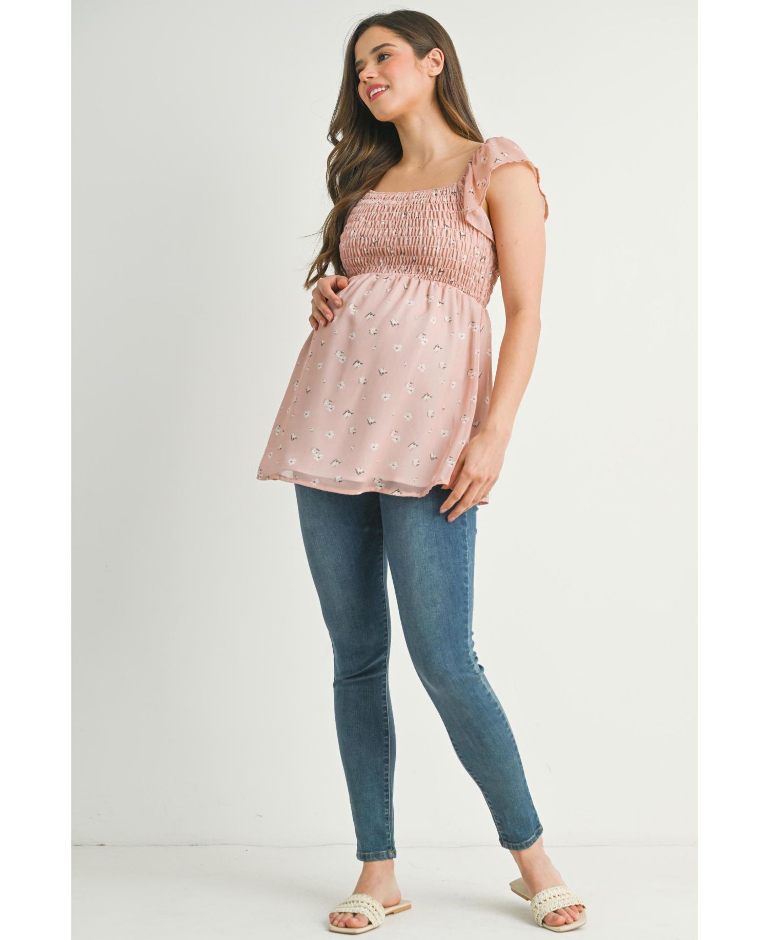 Maternity Smocked Square Neck Floral Empire Waist Top