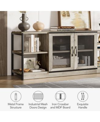 Farmhouse TV Stand for 65+ Inch TVs, Media Stand with Mesh Door & Storage Shelves
