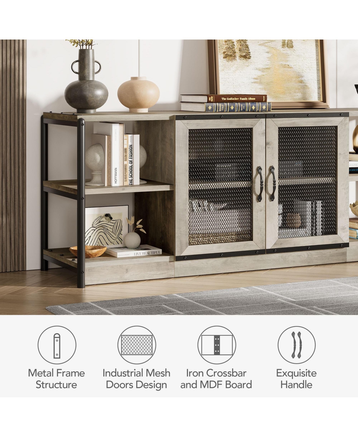 gaomon Farmhouse Tv Stand for 65+ Inch TVs, Media Stand with Mesh Door & Storage Shelves