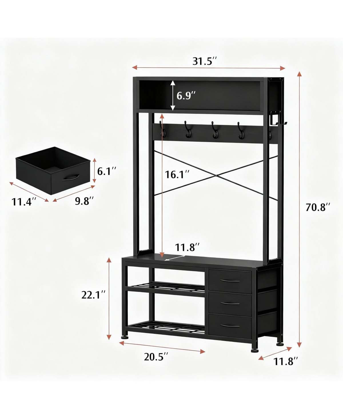 Yigii 6-in-1 Entryway Shoe Bench Coat Rack with 12 Hooks, 3 Drawers, and Storage