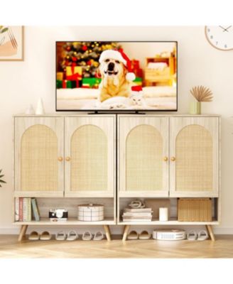 2 Pcs Rattan Shoe Cabinet, 4 Tier Entryway Shoe Storage Organizer with Doors and Adjustable Shelves