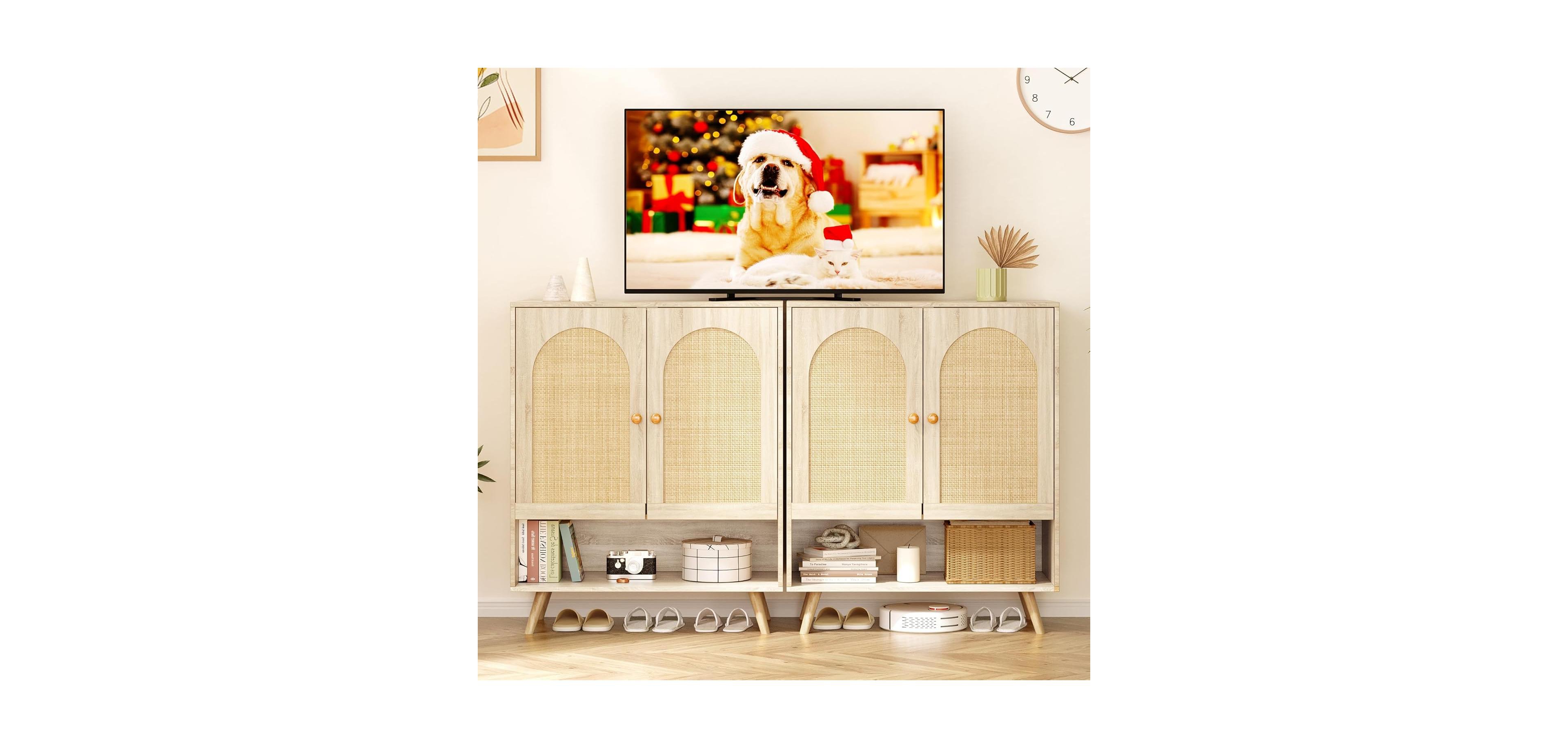 Gaomon 2 Pcs Rattan Shoe Cabinet, 4 Tier Entryway Shoe Storage Organizer with Doors and Adjustable Shelves