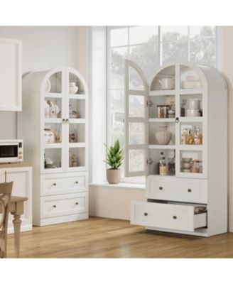 72" Tall Dome Bookcase with Drawers, 4-Tier Wooden Bookshelf Storage Cabinet with Glass Door, Farmhouse Arched Cabinet with Display Shelves
