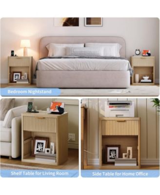 1 Pcs Fluted Nightstand,Mid Century Bedside Table,Wooden End Table,Farmhouse Night Stand with 1 Drawer,Open Shelf