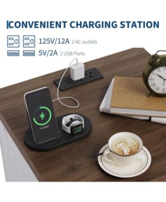 Farmhouse White Nightstand with Charging Station Set of 2, 2 Drawers, USB Ports & Power Outlets