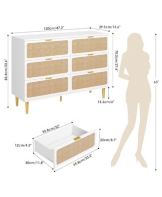 Rattan 6 Drawer Dresser, Tall Modern Wooden Chest with Deep Storage & Wide Top for Bedroom or Closet
