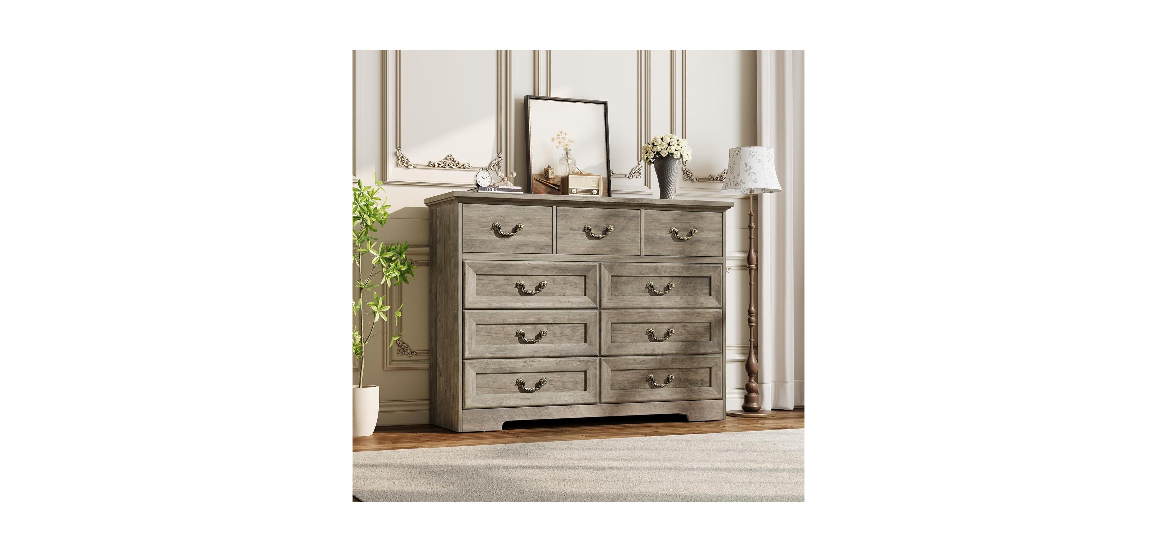 Gaomon 47.2" Wide Retro 9 Drawer Dresser, Bedroom Chest with Sturdy Metal Handles for Closet Clothes Storage