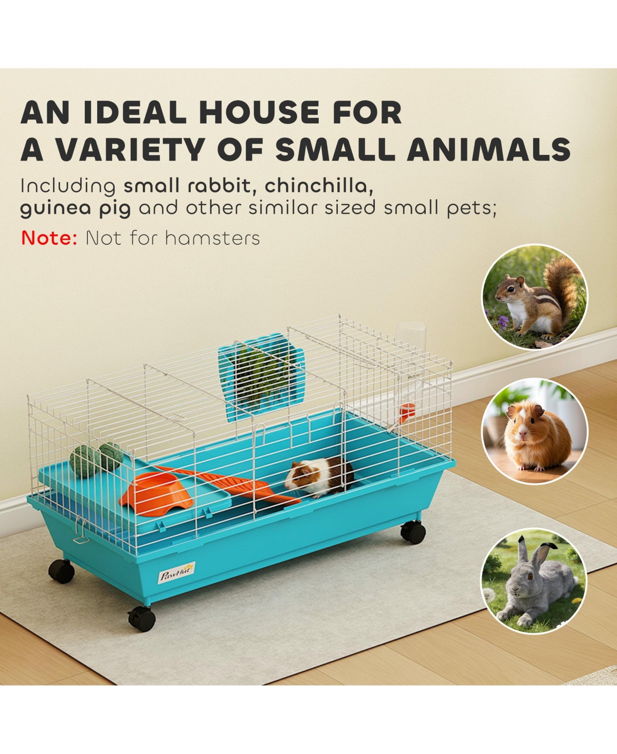 PawHut 35" Small Animal Cage with Wheels, Ramp, Water, Food Dish,