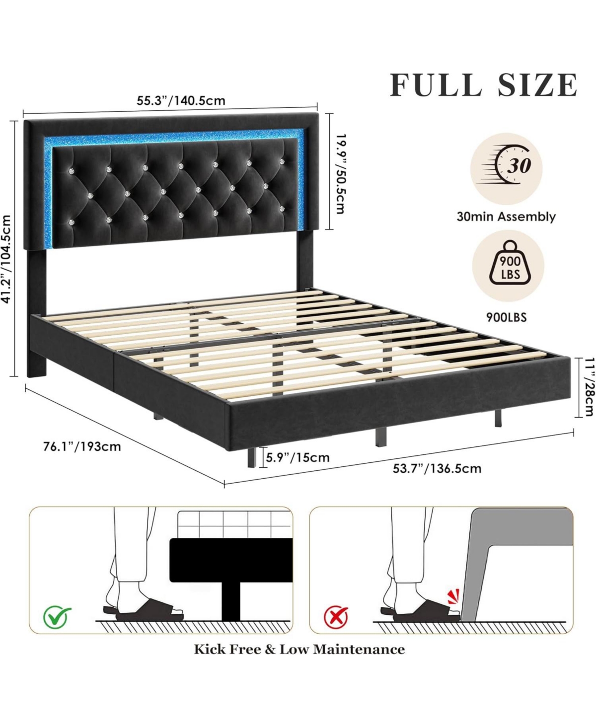 gaomon Floating Platform Bed Frame with Smart Led Lights, Upholstered Diamond Headboard, Wood Slat Support