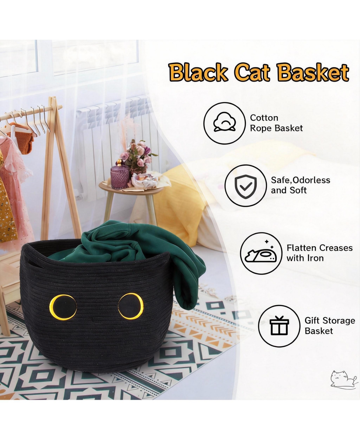 Yigii Cotton Rope Basket with Black Cat Design