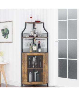 Brown Wooden Farmhouse Wine Bar Corner Cabinet with Detachable Rack, Mesh Door, Glass Rack, and Storage