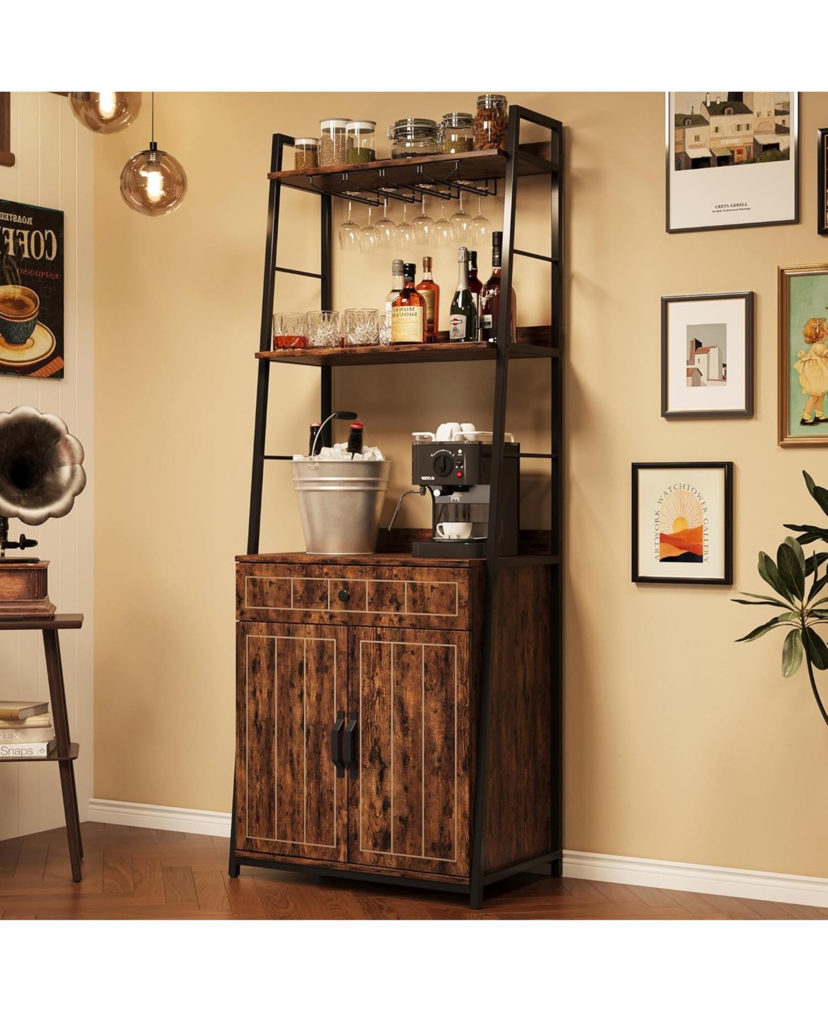 Gaomon Industrial Tall Kitchen Storage Baker Rack with Drawer and Cabinet