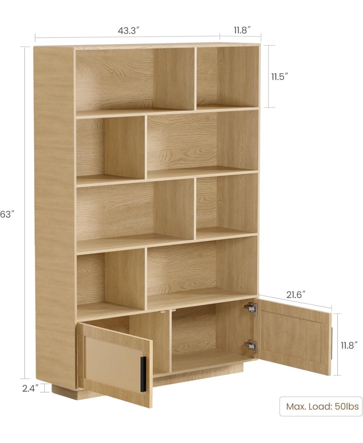 gaomon 65.4" in Tall Boho Bookshelf with 5 Tier Bookshelf and Rattan Doors, Wooden Bookcase with Storage, Large Bookshelf for Living