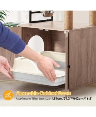 3-in-1 Cat Tree with Litter Box Enclosure, Scratching Posts, Feeding Bowls, and Toy Sticks