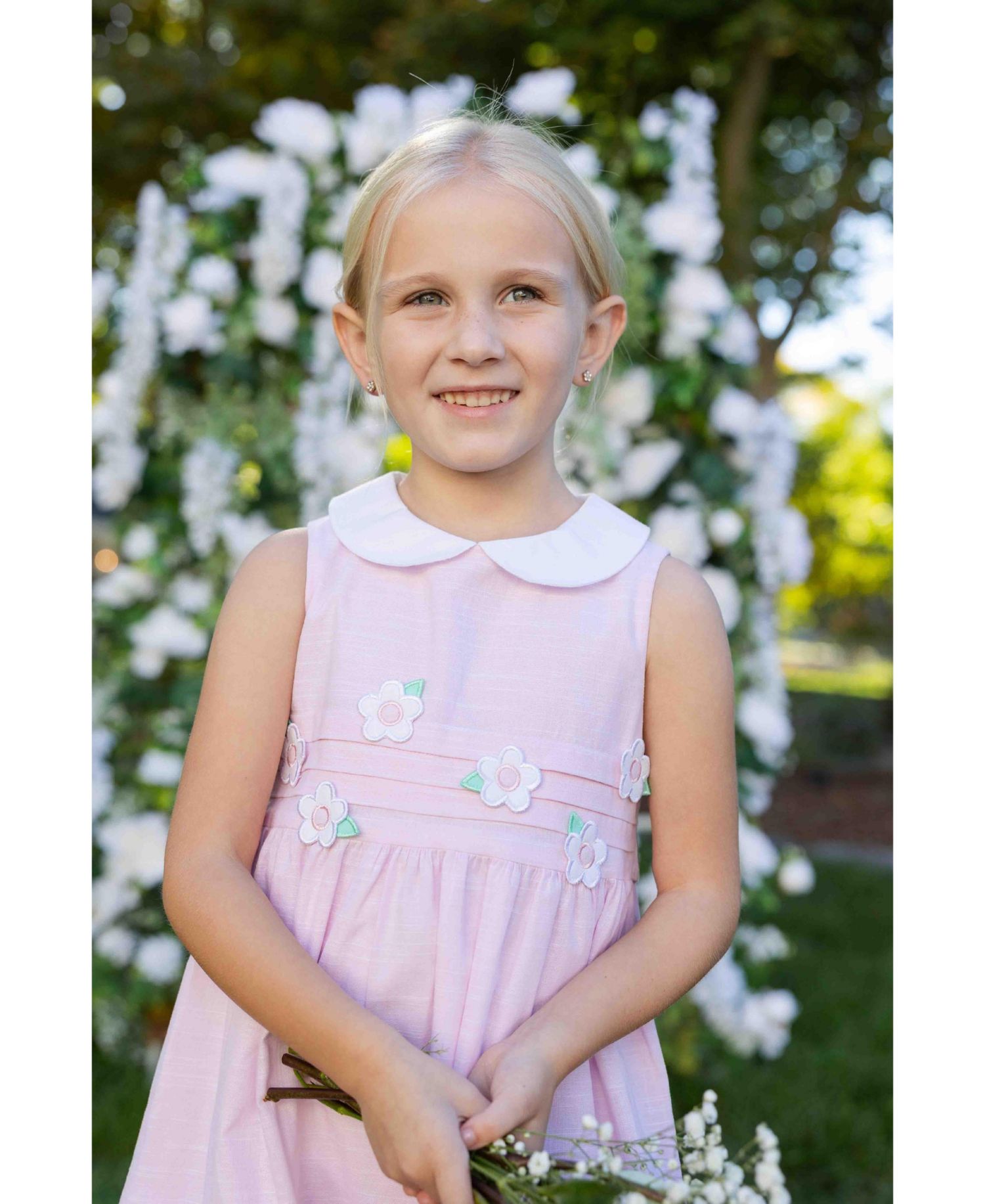 Little Girls Linen Look Dress With Flowers