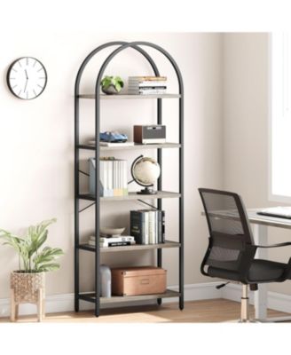Arched 5-Tier Modern Bookshelf, Gold Metal Frame Tall Wood Storage Shelf for Living Room Bedroom
