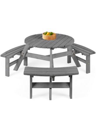 6-Person Circular Outdoor Wooden Picnic Table with 3 Built-In Benches, Umbrella Hole